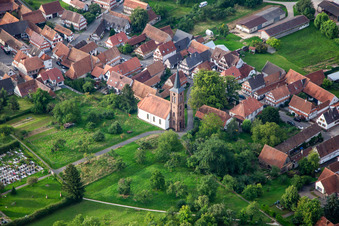 Aerial photograpy of Protestant Church in Hunspach in the state Bas-Rhin, France