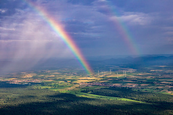 Double rainbow over the Bienwald in Freckenfeld in the state Rhineland-Palatinate, Germany