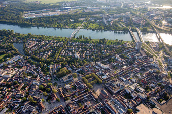 Aerial view of Rhine promenade and garden show grounds in Kehl in the state Baden-Wuerttemberg, Germany