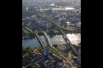 Aerial view of Europa Bridge, Beatus-Rhenanus Bridge and railway bridge over the Rhine to Strasbourg in Kehl in the state Baden-Wuerttemberg, Germany