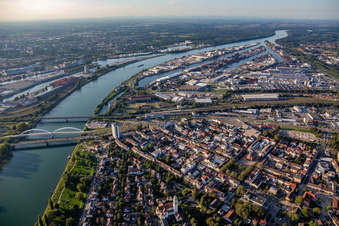 Rhine harbor and B28 from the south in Kehl in the state Baden-Wuerttemberg, Germany