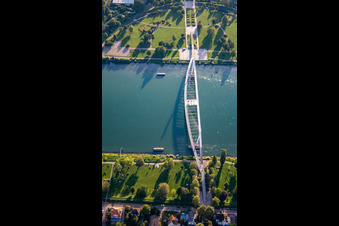 Aerial view of Bridge of the Two Banks to the Garden of the Two Banks over the Rhine to Strasbourg in Kehl in the state Baden-Wuerttemberg, Germany