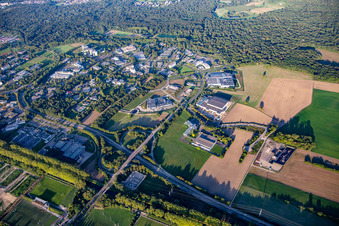 Aerial view of Le Parc d'innovation Strasbourg commercial area with Institute Clinique De La Souris, IGBMC - Institut de génétique et de biology moléculaire et cellularaire, Transgene SA and Thermo Fisher Scientific in Illkirch-Graffenstaden in the state Bas-Rhin, France
