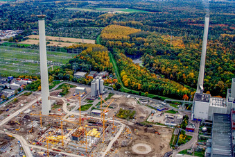 EnBW new coal-fired power plant at the Rhine port in the district Daxlanden in Karlsruhe in the state Baden-Wuerttemberg, Germany seen from above