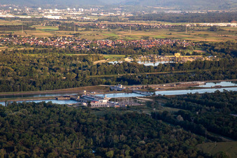 Aerial view of Écluses'/Centrale hydroélectrique EDF at the lock in the Gran Canal D'Alsace EDF de Gerstheim in Gerstheim in the state Bas-Rhin, France