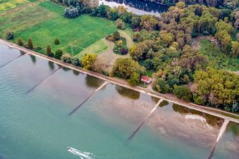 Aerial view of Neuburgweier, customs port in Au am Rhein in the state Baden-Wuerttemberg, Germany