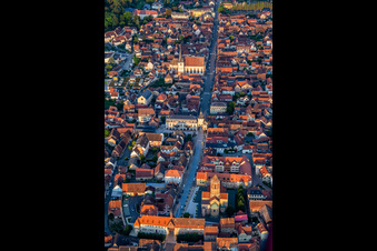 Aerial view of Rue du Gén de Gaulle with Porte basse ou Porte de la Vierge, Tour de l'Ecole, Tour de l'Horloge ou Zittgloeckel and Eglise catholique Saint-Etienne in Rosheim in the state Bas-Rhin, France