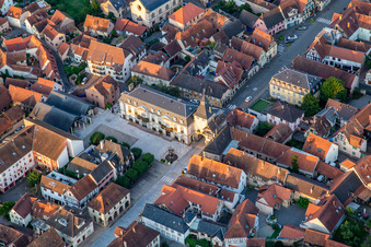 Aerial view of Mairie de Rosheim and Tour de l'Horloge ou Zittgloeckel in Rosheim in the state Bas-Rhin, France