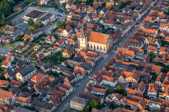 Aerial view of Rue du Gén de Gaulle with Eglise catholique Saint-Etienne in Rosheim in the state Bas-Rhin, France