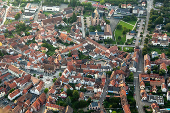 Aerial view of Place de l'Hotel de Ville in Molsheim in the state Bas-Rhin, France