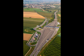Aerial view of Motorway toll station A4 Hochfelden Sanef Service in Schwindratzheim in the state Bas-Rhin, France
