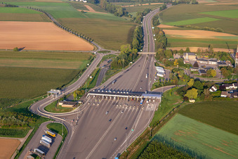Aerial photograpy of Motorway toll station A4 Hochfelden Sanef Service in Schwindratzheim in the state Bas-Rhin, France