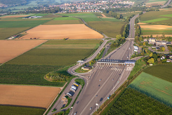 Oblique view of Motorway toll station A4 Hochfelden Sanef Service in Schwindratzheim in the state Bas-Rhin, France