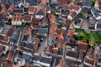 Aerial view of Marktgasse and Mohren-Apotheke in Meisenheim in the state Rhineland-Palatinate, Germany
