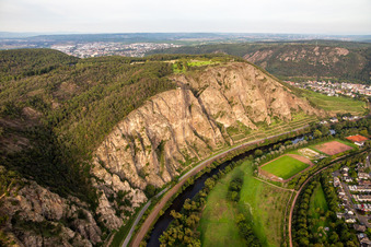 Oblique view of The Rotenfels "highest cliff between Norway and the Alps in Traisen in the state Rhineland-Palatinate, Germany