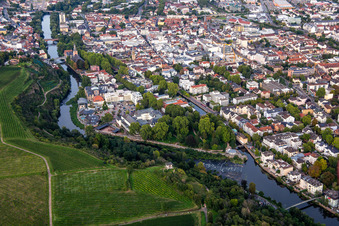 Aerial view of Thermal baths on the Nahe island in Bad Kreuznach in the state Rhineland-Palatinate, Germany