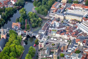Aerial view of Old Nahe Bridge - Bridge Houses in Bad Kreuznach in the state Rhineland-Palatinate, Germany