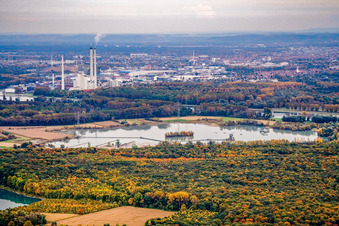 Aerial view of Gravel works Baggersee in Hagenbach in the state Rhineland-Palatinate, Germany