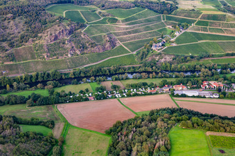 Aerial view of Camping Nahetal from the south in Oberhausen an der Nahe in the state Rhineland-Palatinate, Germany