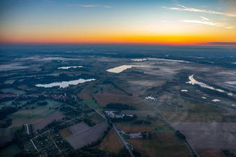 Quarry lakes and the upper Old Rhine before sunrise in Jockgrim in the state Rhineland-Palatinate, Germany