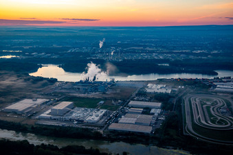 Aerial view of Papierfabrik Palm GmbH & Co. KG | Plant Wörth am Rhein in the morning in Wörth am Rhein in the state Rhineland-Palatinate, Germany