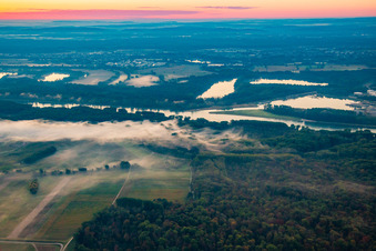 Rhine meadows in the morning mist before sunrise in the district Knielingen in Karlsruhe in the state Baden-Wuerttemberg, Germany