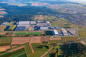 Aerial view of Porsche Plant 16, Porsche Logistics Center and Breuninger Logistics Sachsenheim in Sachsenheim in the state Baden-Wuerttemberg, Germany