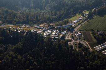 Aerial view of 61st Rudersberger Sidecar Motocross 2023 FIM SIDECARCROSS WORLD CHAMPIONSHIP of the MSC Wieslauftal eV Motocross in the district Königsbronnhof in Rudersberg in the state Baden-Wuerttemberg, Germany