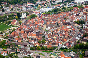 Aerial view of Historic old town with Church of Our Lady in Eppingen in the state Baden-Wuerttemberg, Germany