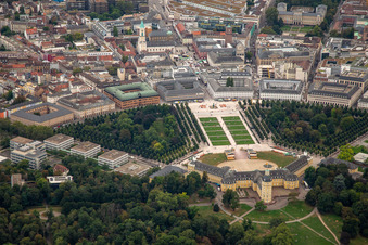 Castle Square in the district Innenstadt-West in Karlsruhe in the state Baden-Wuerttemberg, Germany seen from above