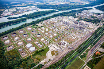 Aerial view of Upper Rhine mineral oil refinery in the district Knielingen in Karlsruhe in the state Baden-Wuerttemberg, Germany