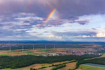 Rainbow over the wind turbines at Hatzenbühl in Hatzenbühl in the state Rhineland-Palatinate, Germany