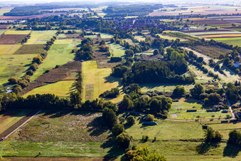 Aerial view of Billigheimer Bruch nature reserve from the west in the district Mühlhofen in Billigheim-Ingenheim in the state Rhineland-Palatinate, Germany