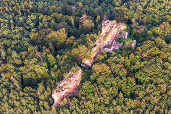 Oblique view of Drachenfels Castle in Busenberg in the state Rhineland-Palatinate, Germany