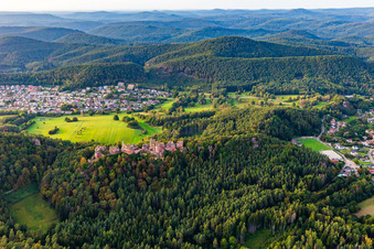 Aerial view of Altdahn castle massif with the castle ruins of Grafendahn and Tanstein in Dahn in the state Rhineland-Palatinate, Germany