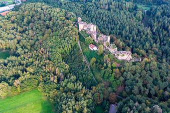 Altdahn castle massif with the castle ruins of Grafendahn and Tanstein in Dahn in the state Rhineland-Palatinate, Germany from above