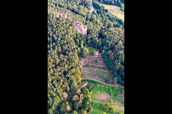 Aerial view of Cemetery of Honor Dahn with Michael's Chapel Dahn and Hochstein Lookout Point in Dahn in the state Rhineland-Palatinate, Germany