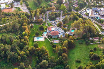 Aerial view of Felsland bathing paradise in Dahn in the state Rhineland-Palatinate, Germany