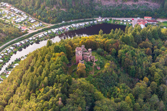 Neudahn Castle ruins above the Neudahner Weiher campsite in Dahn in the state Rhineland-Palatinate, Germany