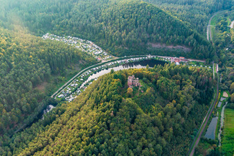 Aerial view of Neudahn Castle ruins above the Neudahner Weiher campsite in Dahn in the state Rhineland-Palatinate, Germany