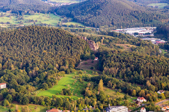Aerial photograpy of Cemetery of Honor Dahn with Michael's Chapel Dahn and Hochstein Lookout Point in Dahn in the state Rhineland-Palatinate, Germany