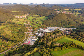 Aerial view of Reichenbach industrial area in Dahn in the state Rhineland-Palatinate, Germany