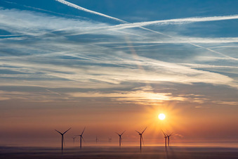 Freckenfeld wind farm at sunrise in Dierbach in the state Rhineland-Palatinate, Germany