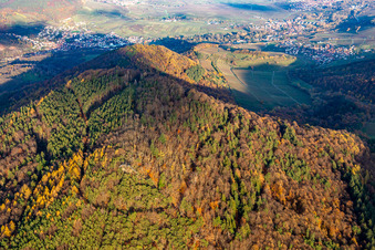 Aerial view of Hohenberg from the west in Annweiler am Trifels in the state Rhineland-Palatinate, Germany