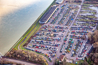 Truck depot of Zeltmann Kfz-Transfer GmbH on the banks of the Rhine Maximiliansau in the district Maximiliansau in Wörth am Rhein in the state Rhineland-Palatinate, Germany