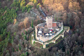 Aerial photograpy of Christmas market at the Landeck castle ruins in Klingenmünster in the state Rhineland-Palatinate, Germany