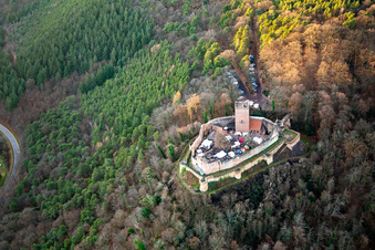 Christmas market at the Landeck castle ruins in Klingenmünster in the state Rhineland-Palatinate, Germany from above