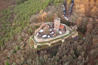 Christmas market at the Landeck castle ruins in Klingenmünster in the state Rhineland-Palatinate, Germany seen from above