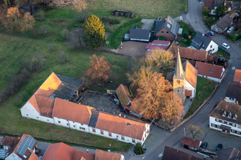 Aerial view of Protestant Church in the district Klingen in Heuchelheim-Klingen in the state Rhineland-Palatinate, Germany