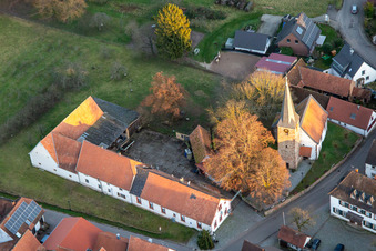 Aerial photograpy of Protestant Church in the district Klingen in Heuchelheim-Klingen in the state Rhineland-Palatinate, Germany